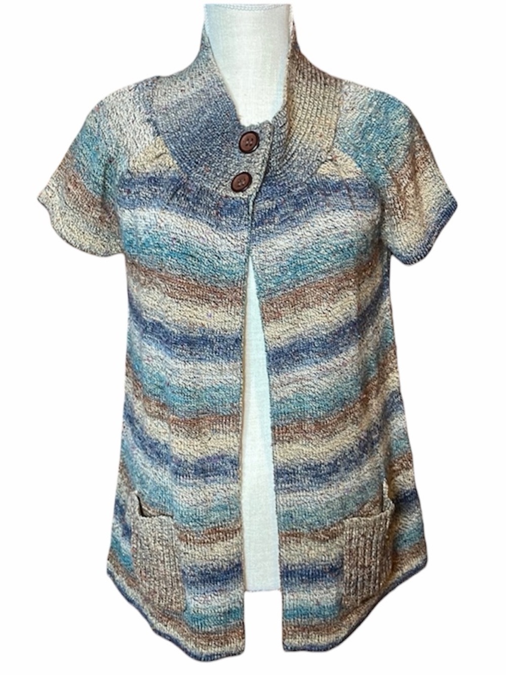 HP! Dress Barn Short Sleeve Blue, Cream, Brown Striped Sweater Cardigan